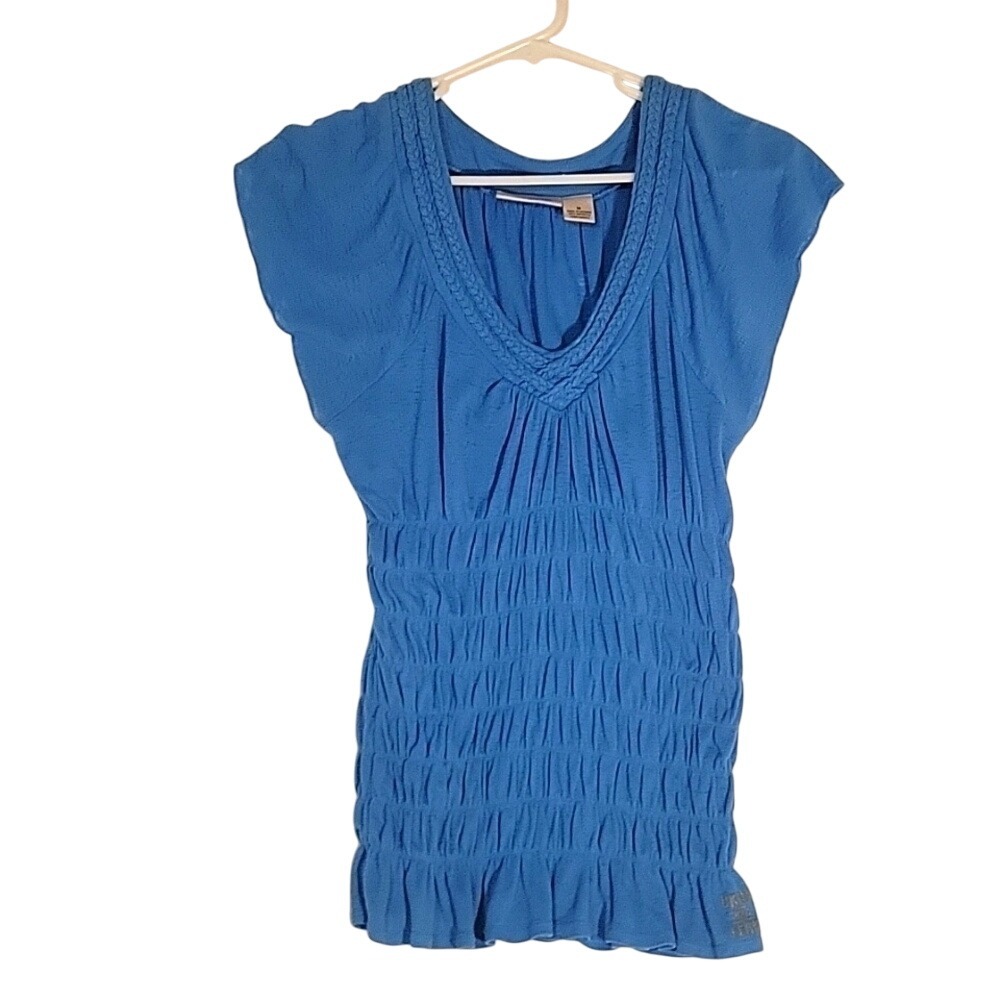 DKNY Jeans Smocked‎ Top Braided V-Neck Casual Blue T-Shirt Medium